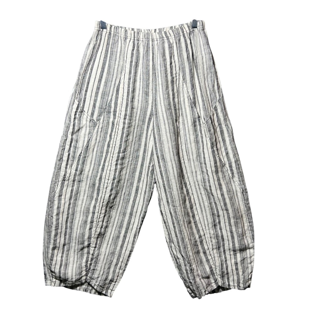 Cynthia Ashby 100% Linen Striped Wide Leg Pants Elastic Waist Lagenlook